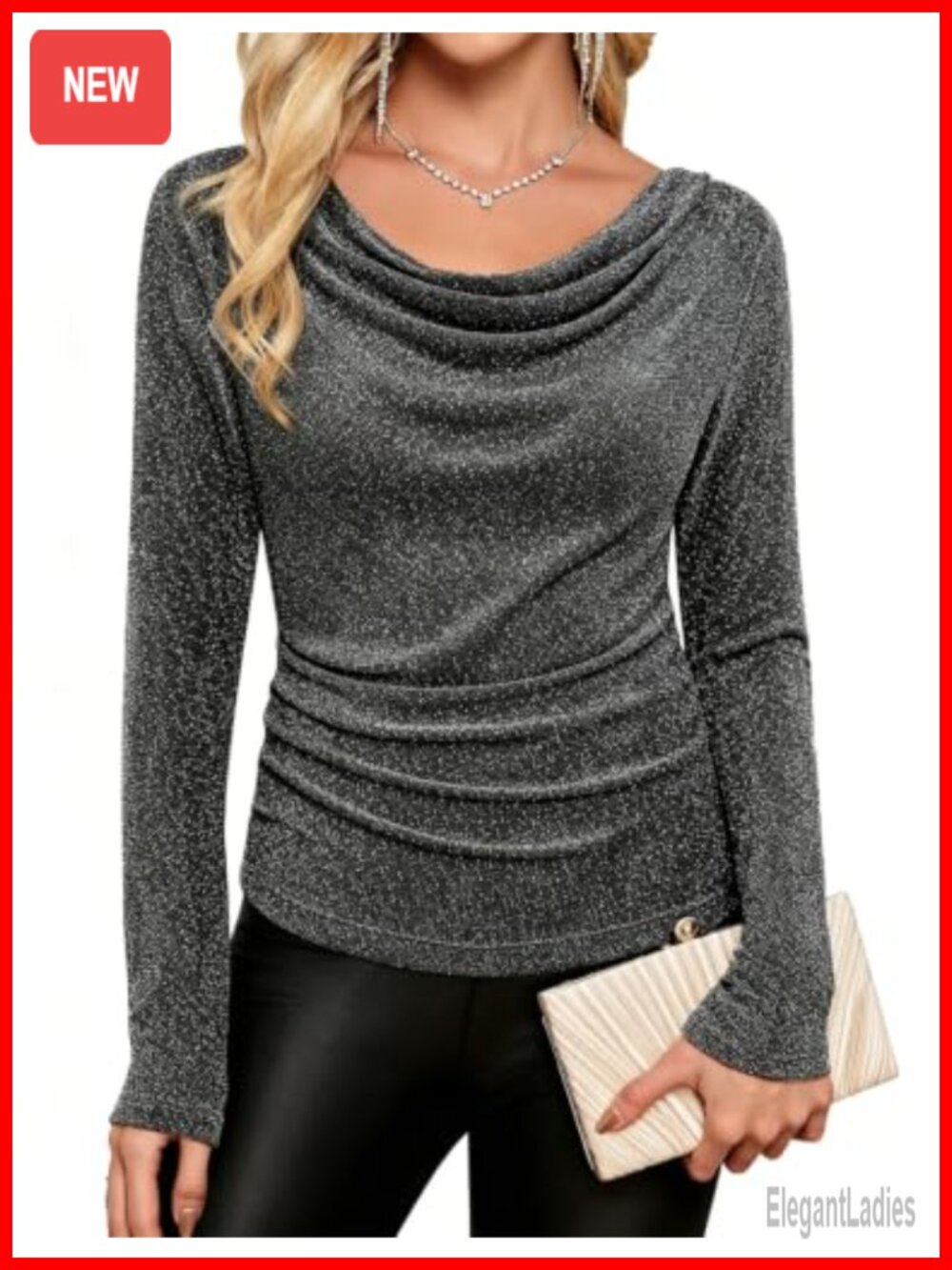 Sparkly Cowl Neck Sequin Glitter Mesh Long Sleeve Blouse